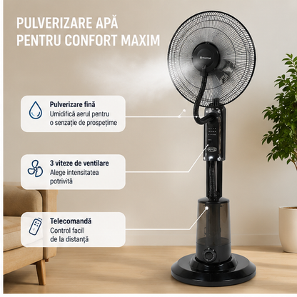 Ventilator cu Pulverizare Apă 75W – 3 Viteze, Telecomandă și Răcorire Eficientă