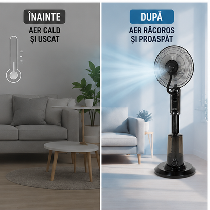 Ventilator cu Pulverizare Apă 75W – 3 Viteze, Telecomandă și Răcorire Eficientă