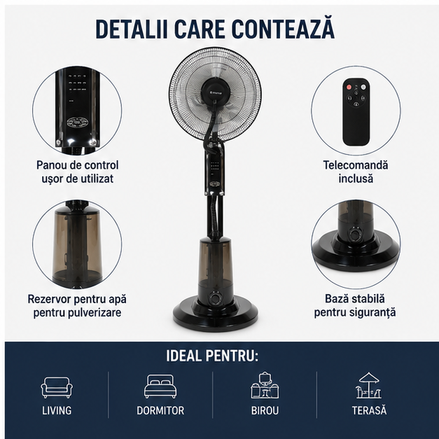 Ventilator cu Pulverizare Apă 75W – 3 Viteze, Telecomandă și Răcorire Eficientă