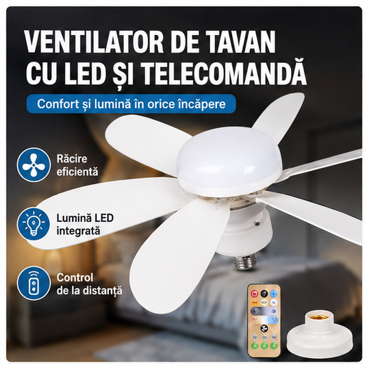 Ventilator de Tavan cu Lampă LED și Control Remote – 52 cm, Iluminare Modernă și Răcorire Eficientă