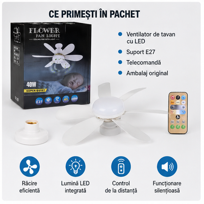 Ventilator de Tavan cu Lampă LED și Control Remote – 52 cm, Iluminare Modernă și Răcorire Eficientă
