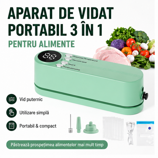 Aparat de Vidat Portabil 3 în 1 pentru Alimente – Sigilare Rapidă și Păstrare Proaspătă