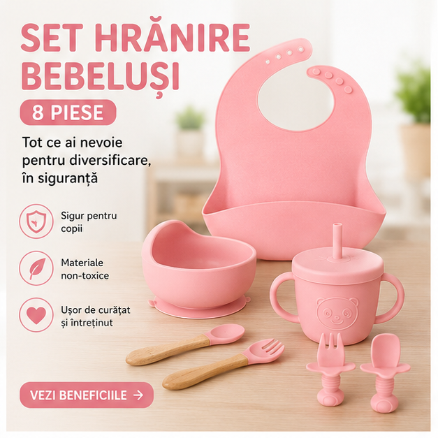 Set Hranire Bebelusi 8 Piese, Diversificare, Silicon, Baveta, Farfurie, Bol cu Ventuze, Lingurita si Furculita, Cana Gustari Culori Roz, Verde, Albastru, GRI