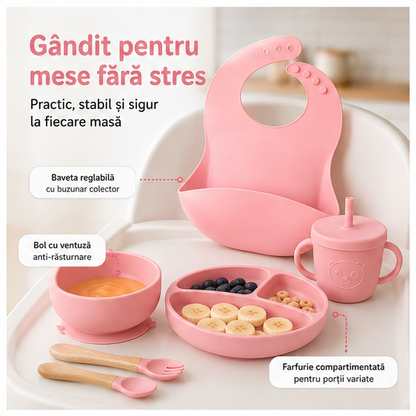 Set Hranire Bebelusi 8 Piese, Diversificare, Silicon, Baveta, Farfurie, Bol cu Ventuze, Lingurita si Furculita, Cana Gustari Culori Roz, Verde, Albastru, GRI