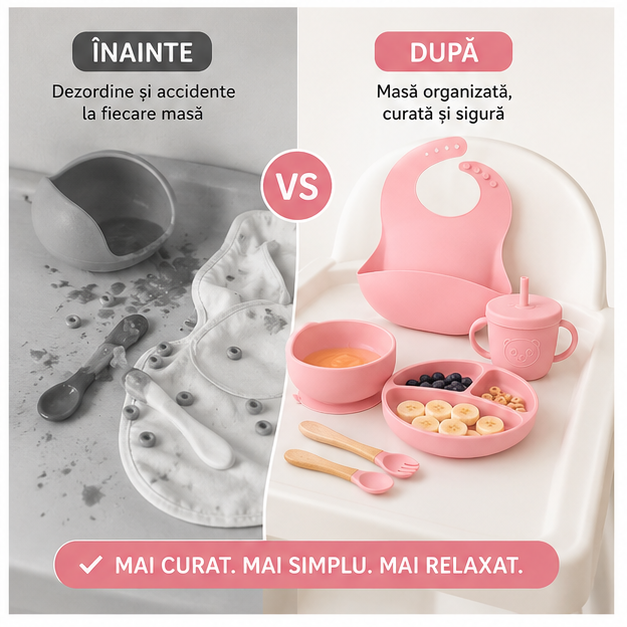 Set Hranire Bebelusi 8 Piese, Diversificare, Silicon, Baveta, Farfurie, Bol cu Ventuze, Lingurita si Furculita, Cana Gustari Culori Roz, Verde, Albastru, GRI