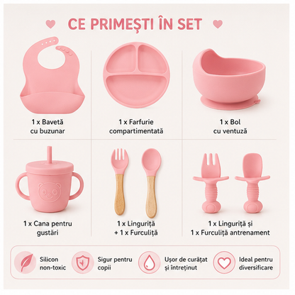 Set Hranire Bebelusi 8 Piese, Diversificare, Silicon, Baveta, Farfurie, Bol cu Ventuze, Lingurita si Furculita, Cana Gustari Culori Roz, Verde, Albastru, GRI