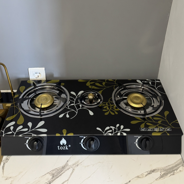 Plită pe gaz cu 3 ochiuri, design din sticlă, compatibilă cu butelie