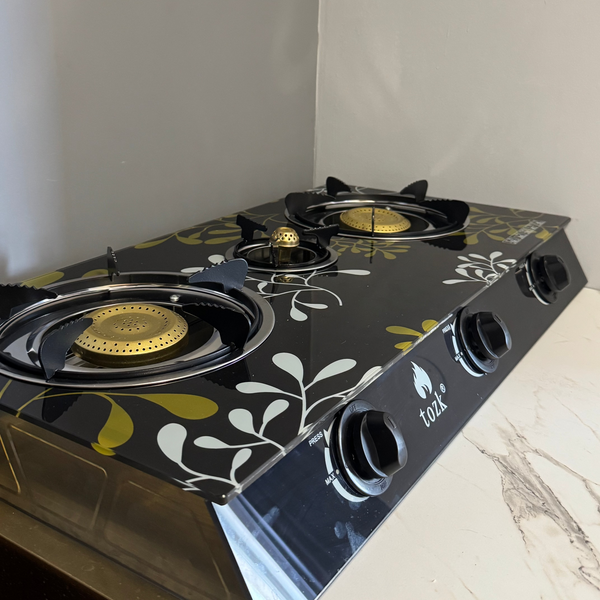 Plită pe gaz cu 3 ochiuri, design din sticlă, compatibilă cu butelie