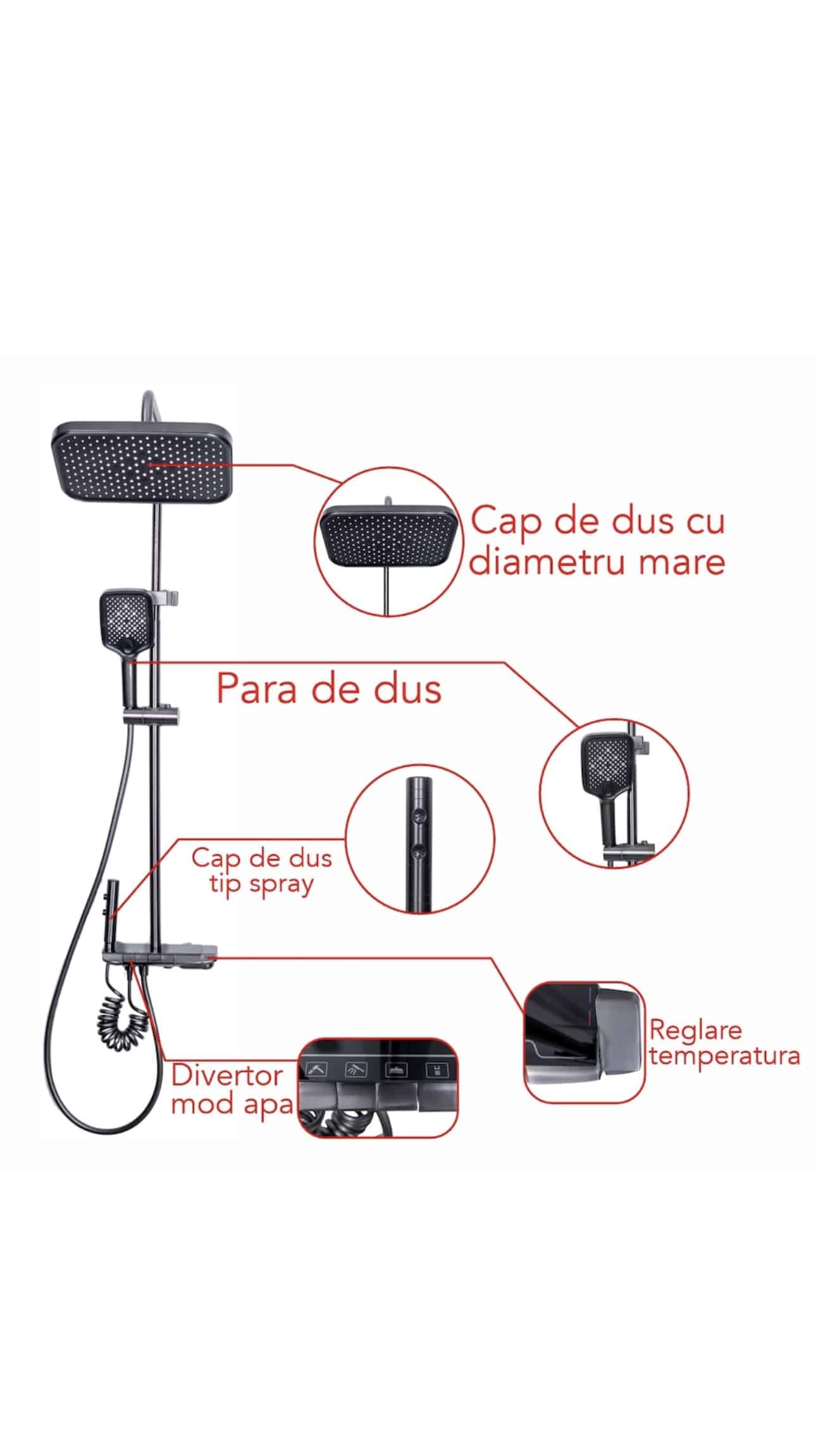 Coloana de dus, cu para fixa si para mobila, 4 functii, otel