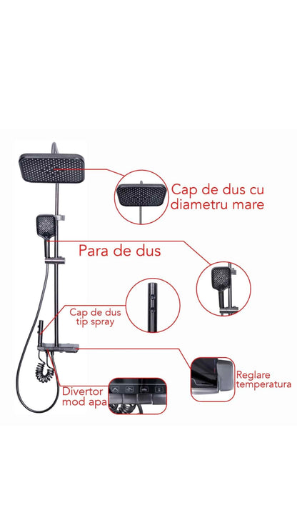 Coloana de dus, cu para fixa si para mobila, 4 functii, otel
