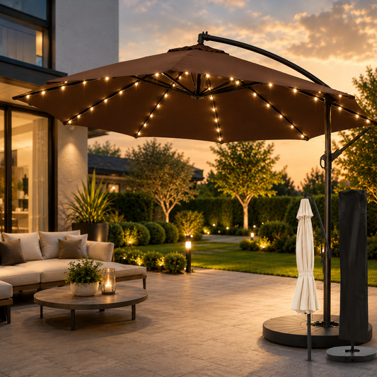 Umbrela Gradina Banana cu LED Solar, Brat Lateral, 300 cm, Maro