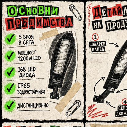 SET 5x Lampa Stradala 1200W, Incarcare Solara