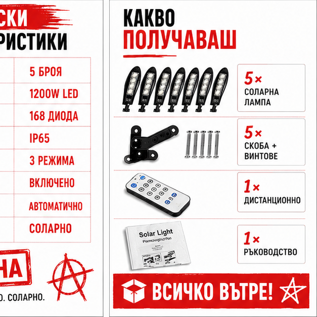 SET 5x Lampa Stradala 1200W, Incarcare Solara
