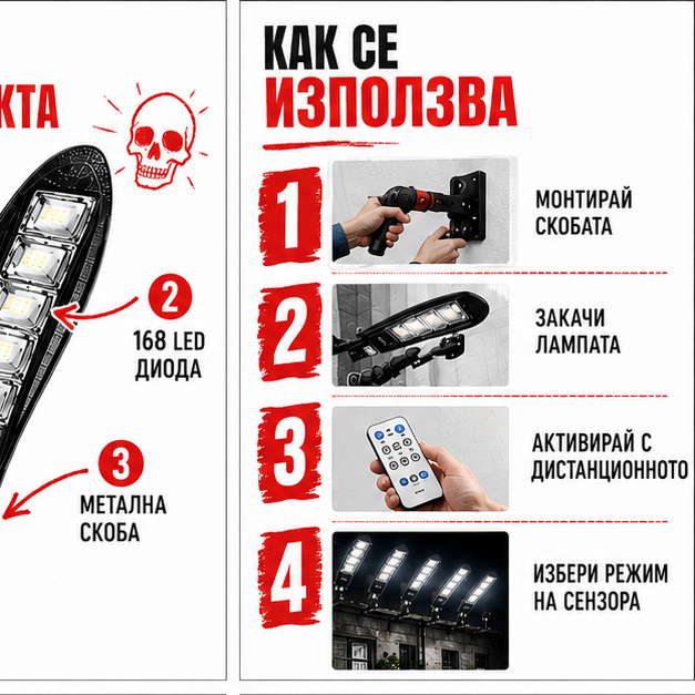 SET 5x Lampa Stradala 1200W, Incarcare Solara