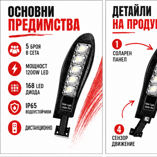 SET 5x Lampa Stradala 1200W, Incarcare Solara