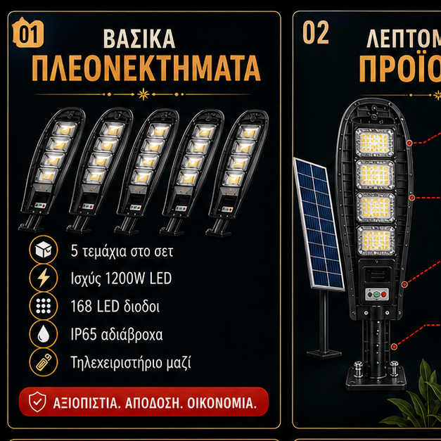 SET 5x Lampa Stradala 1200W, Incarcare Solara