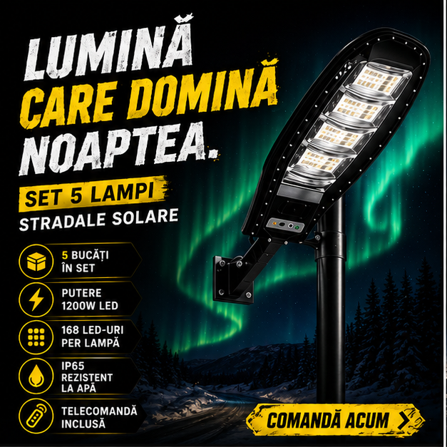 SET 5x Lampa Stradala 1200W, Incarcare Solara