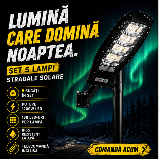 SET 5x Lampa Stradala 1200W, Incarcare Solara