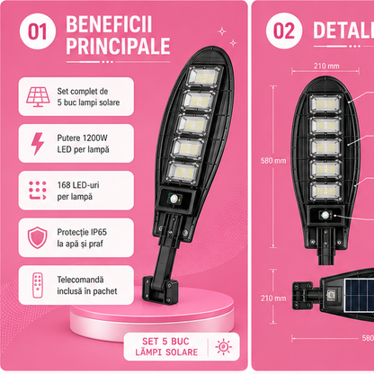 SET 5x Lampa Stradala 1200W, Incarcare Solara