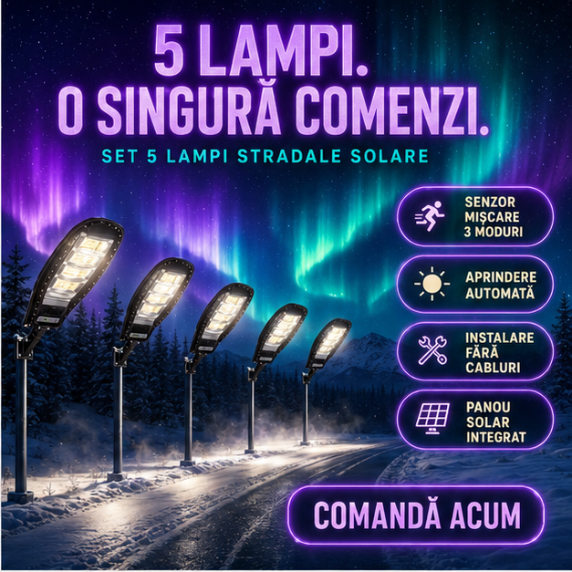 SET 5x Lampa Stradala 1200W, Incarcare Solara