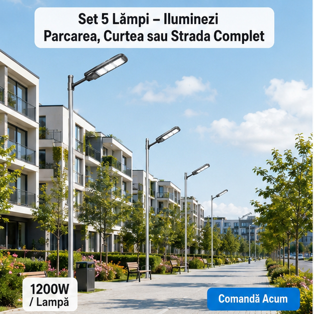 SET 5x Lampa Stradala 1200W, Incarcare Solara