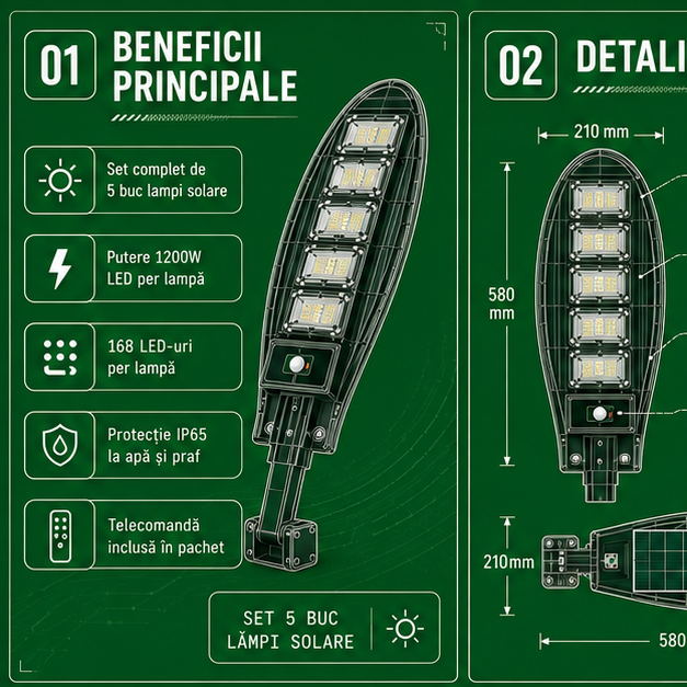 SET 5x Lampa Stradala 1200W, Incarcare Solara