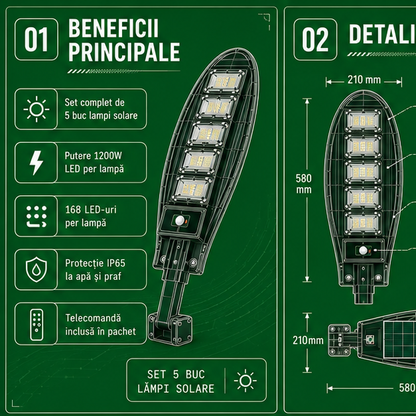 SET 5x Lampa Stradala 1200W, Incarcare Solara