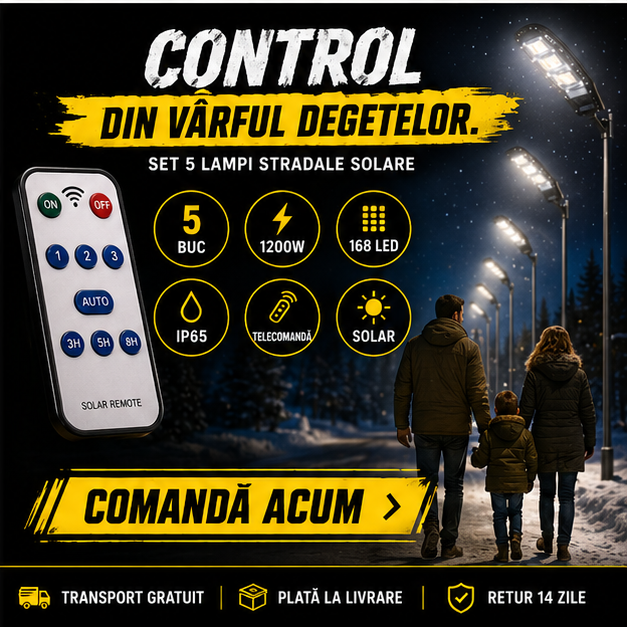 SET 5x Lampa Stradala 1200W, Incarcare Solara