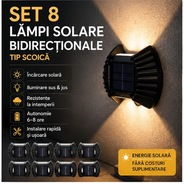 Lămpi Solare Decorative „Scoică" IP65, Iluminare Bidirecțională – Set 8, 12 sau 16 buc, Alb Cald sau Alb Rece