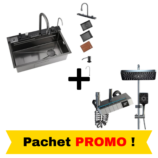 Pachet Promo Lux Bucătărie + Baie – Chiuvetă Inox Multifuncțională & Set Duș Smart cu LED