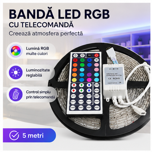 Bandă LED RGB 5m cu Telecomandă – Iluminare Ambientală Colorată și Modernă