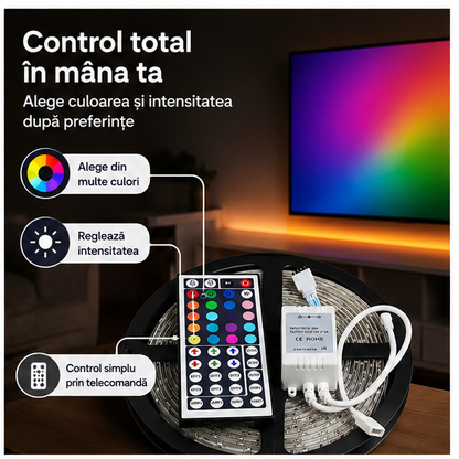 Bandă LED RGB 5m cu Telecomandă – Iluminare Ambientală Colorată și Modernă
