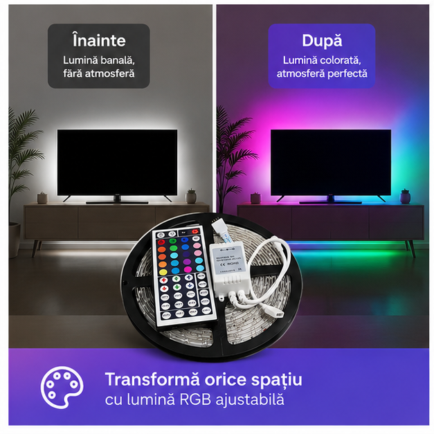 Bandă LED RGB 5m cu Telecomandă – Iluminare Ambientală Colorată și Modernă