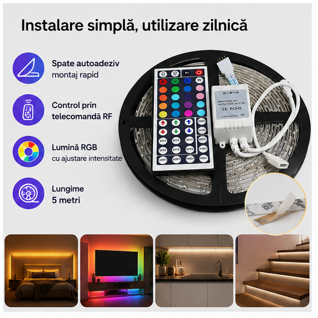 Bandă LED RGB 5m cu Telecomandă – Iluminare Ambientală Colorată și Modernă