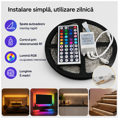 Bandă LED RGB 5m cu Telecomandă – Iluminare Ambientală Colorată și Modernă