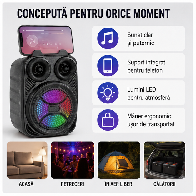 Boxă Portabilă cu Suport Telefon și Mâner