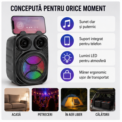 Boxă Portabilă cu Suport Telefon și Mâner