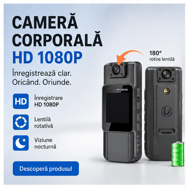 Cameră Corporală HD 1080P cu Lentilă Rotativă – Filmare Clară și Monitorizare Portabilă în Orice Situație