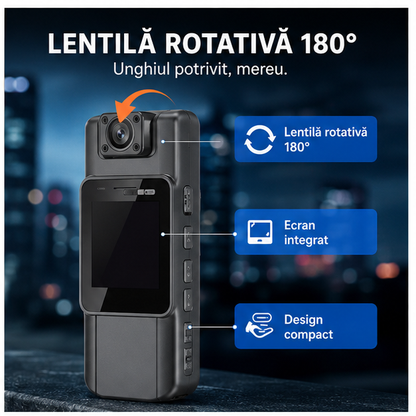 Cameră Corporală HD 1080P cu Lentilă Rotativă – Filmare Clară și Monitorizare Portabilă în Orice Situație