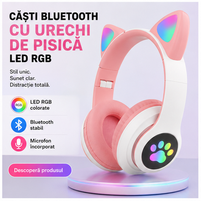 Căști Bluetooth cu Urechi de Pisică LED RGB și Microfon