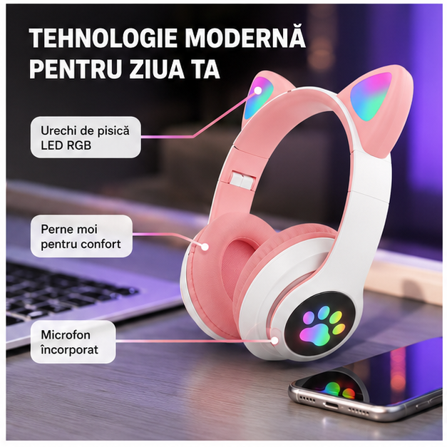 Căști Bluetooth cu Urechi de Pisică LED RGB și Microfon