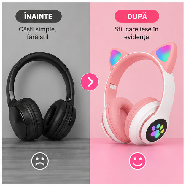 Căști Bluetooth cu Urechi de Pisică LED RGB și Microfon
