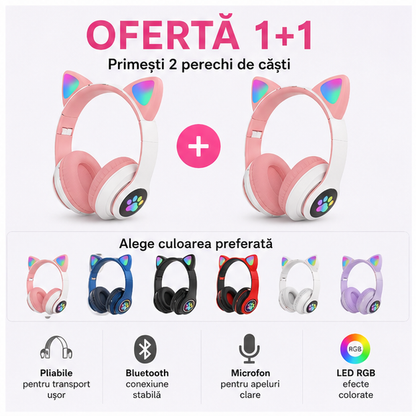 Căști Bluetooth cu Urechi de Pisică LED RGB și Microfon