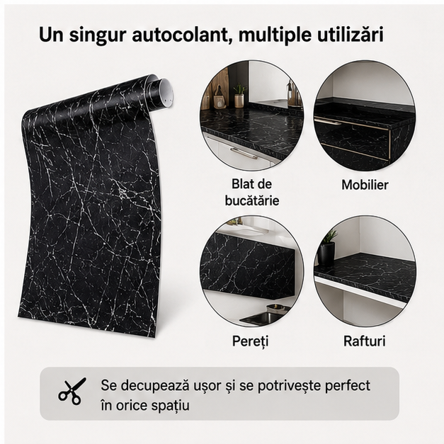 Folie Autocolantă Marmură Neagră 60x300cm pentru Mobilier