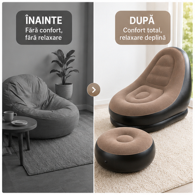 Fotoliu gonflabil cu suport pentru picioare, invelis catifelat