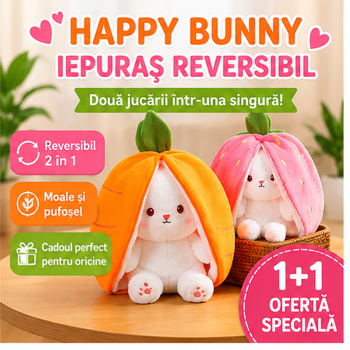 Iepuras din Plus Reversibil Happy Bunny 40 cm