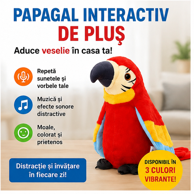 Papagal Interactiv de Pluș 20cm - Repetă Sunete, Muzică
