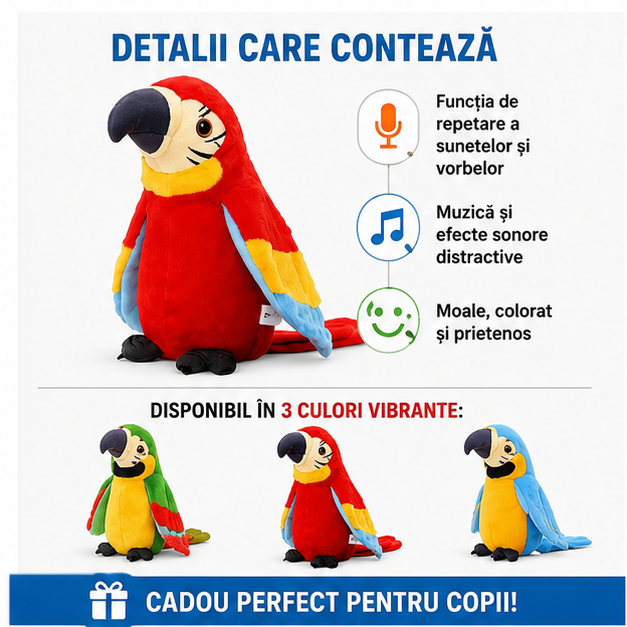 Papagal Interactiv de Pluș 20cm - Repetă Sunete, Muzică