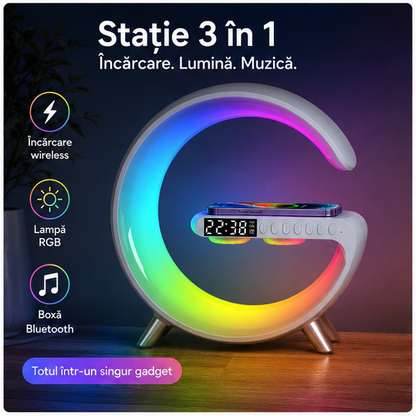 Lampa LED RGB cu Ceas Alarma, Boxă Bluetooth și Încarcător Wireless