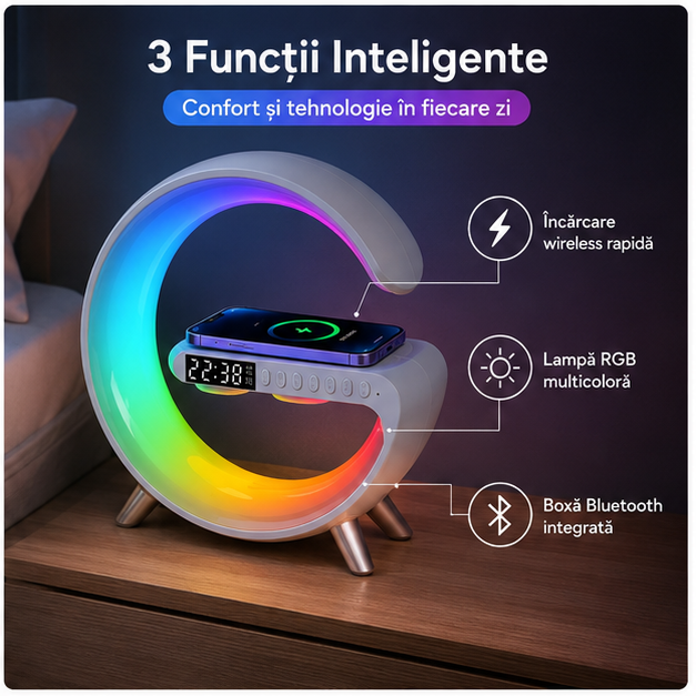 Lampa LED RGB cu Ceas Alarma, Boxă Bluetooth și Încarcător Wireless